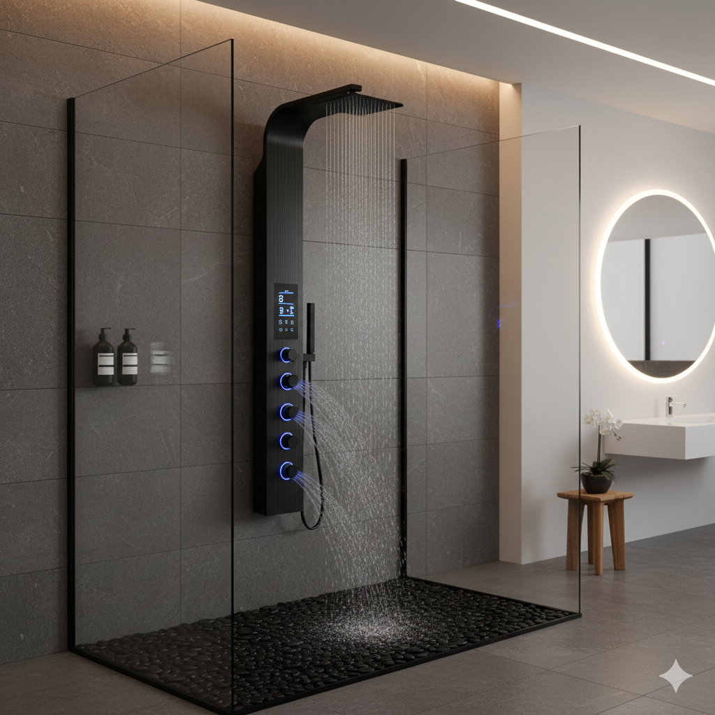 Modern matte black shower panel system with rainfall head and massage jets in a luxury bathroom.