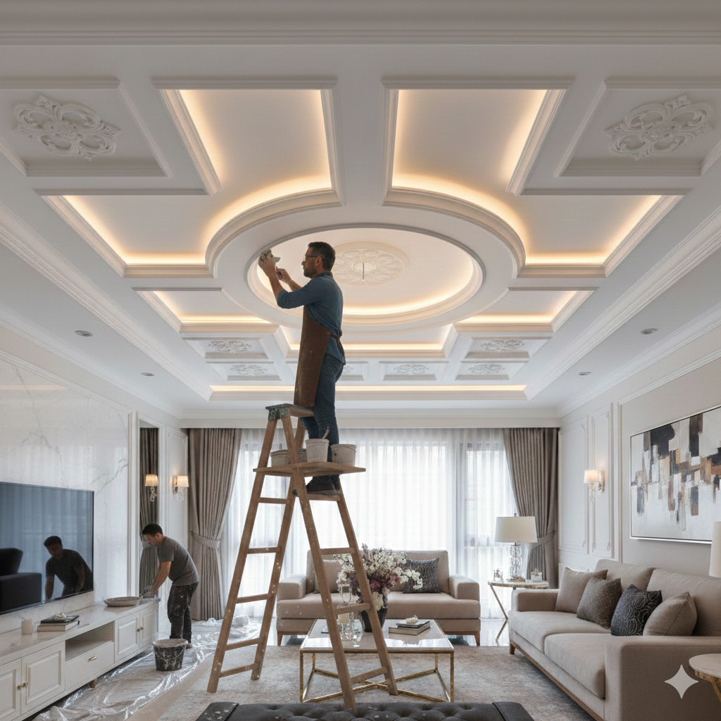 Professional installer finishing a luxury coffered ceiling with integrated LED cove lighting in a modern living room.