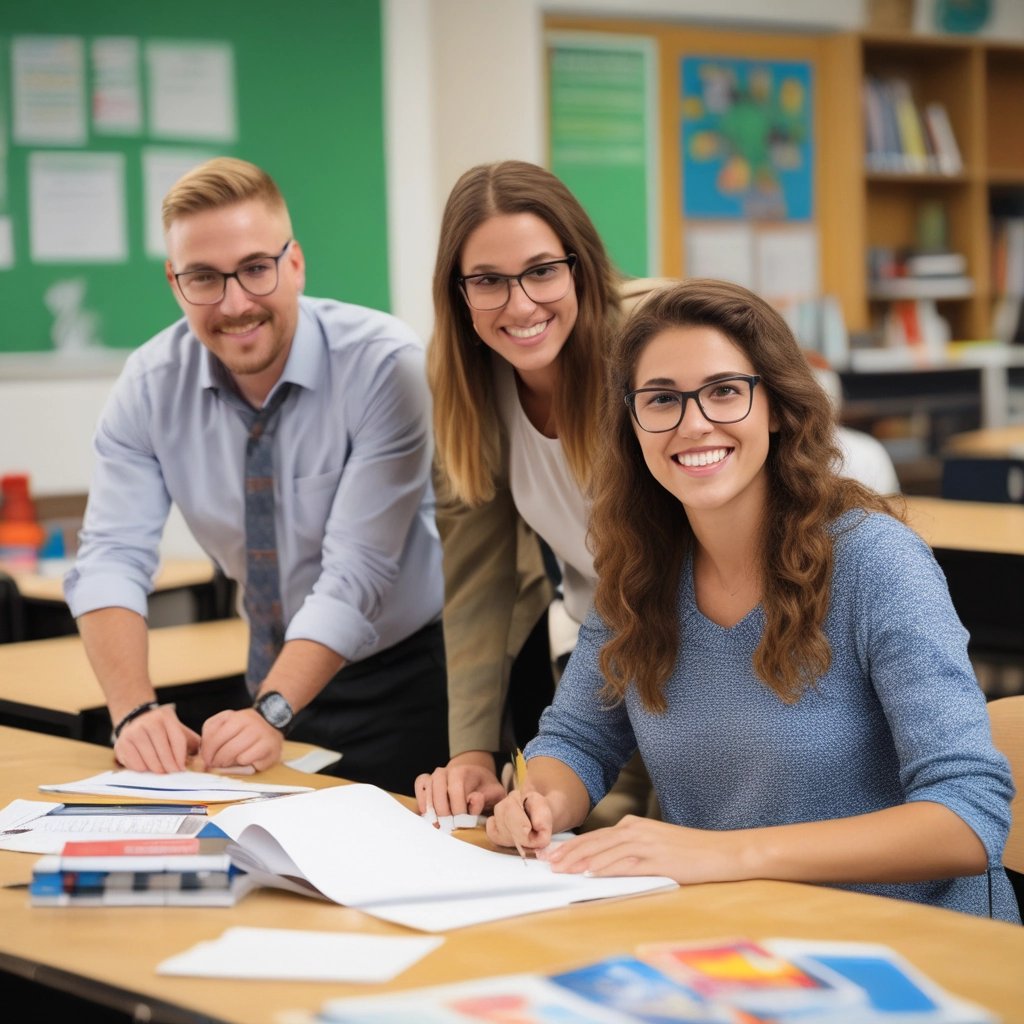 Three diverse teachers smiling in a classroom while collaborating on lesson plans and paperwork.