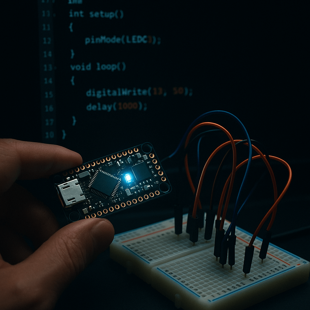 image of esp32 being programed along side with a bread board and jumper wires