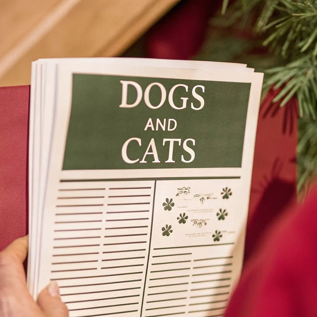 a person holding a book with a dog and cat