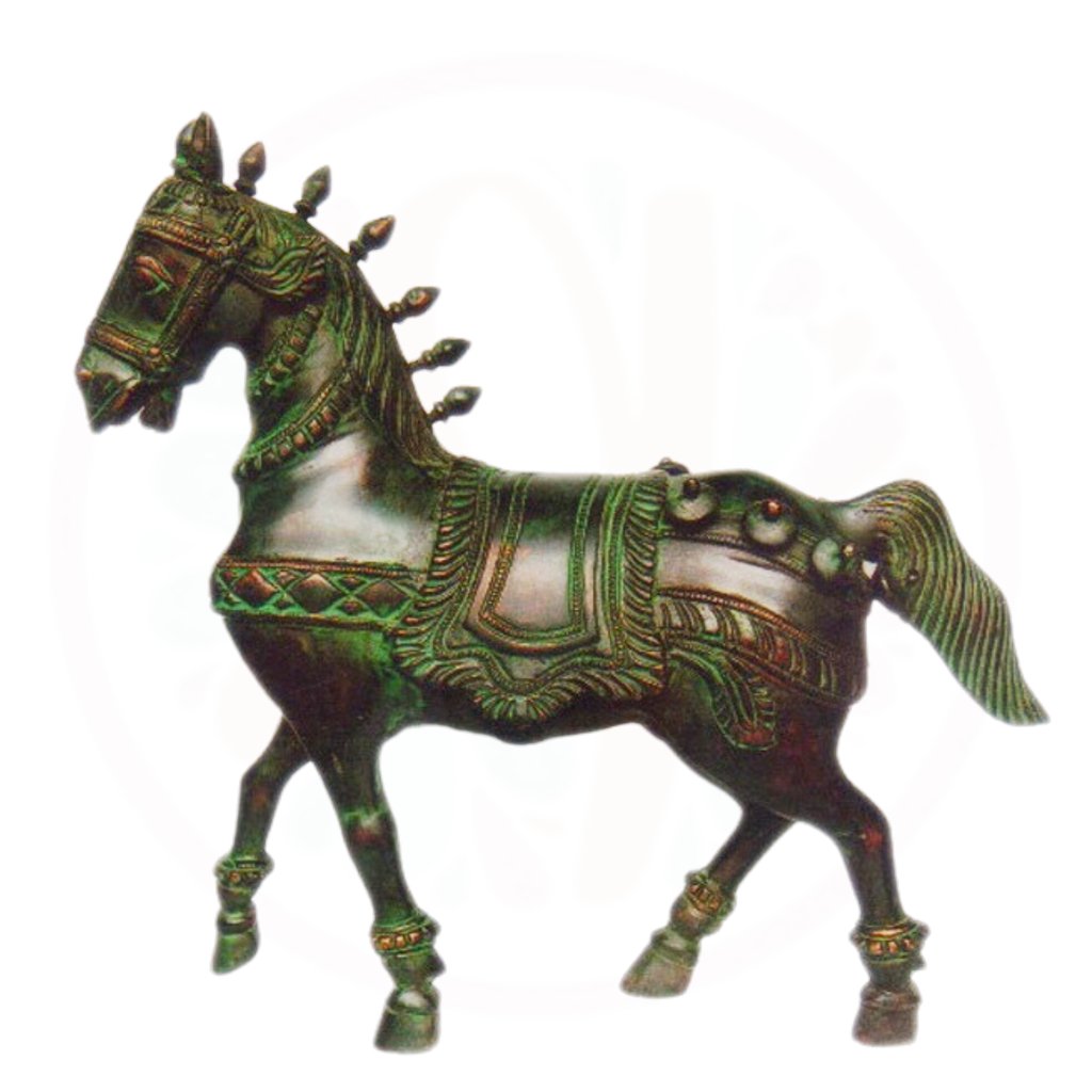 a horse statue of a horse with a green and gold colored paint