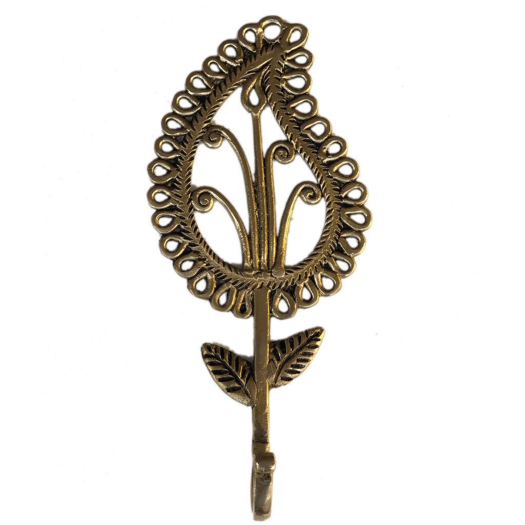a decorative metal flower with a leaf on it