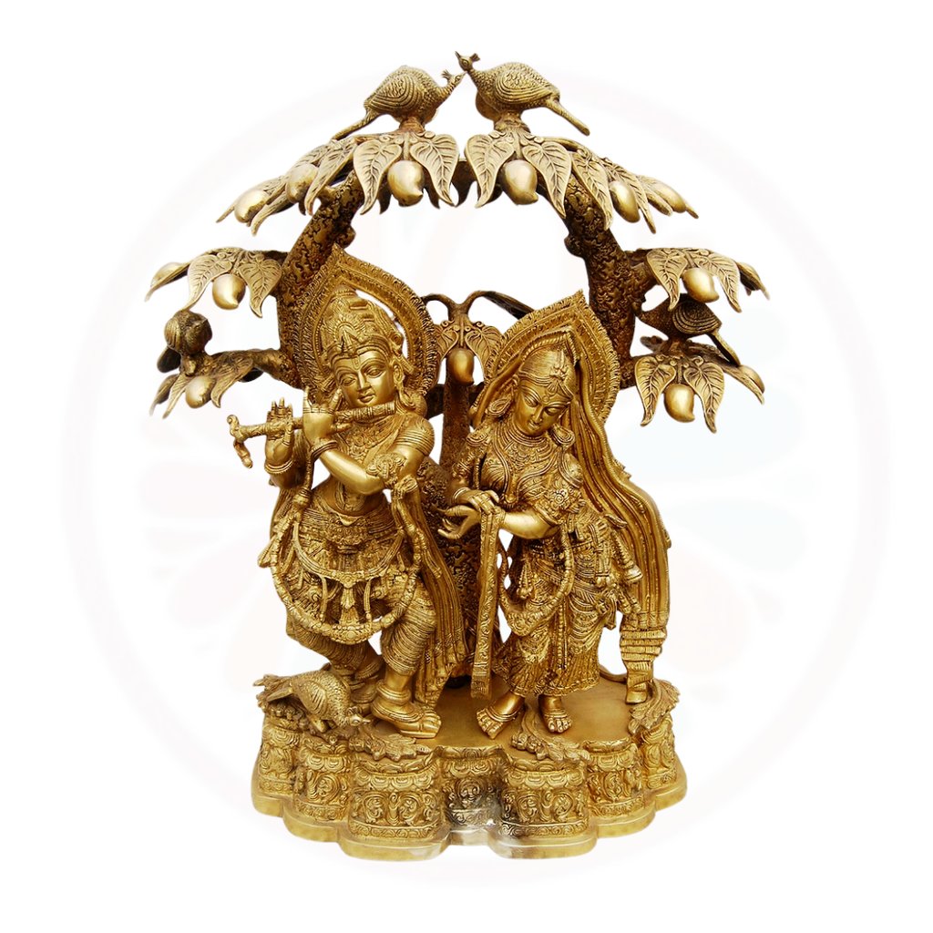 a gold radha krishna under tha mango tree Antique Finish Radha Krishna Brass Statue India