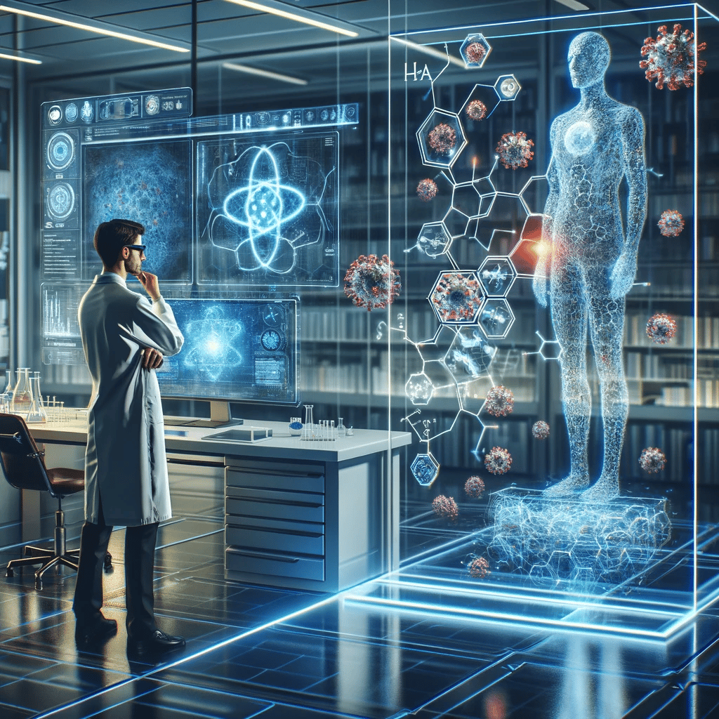 a man in a lab coat standing in front of a large screen with a futuristic personal diagnostic