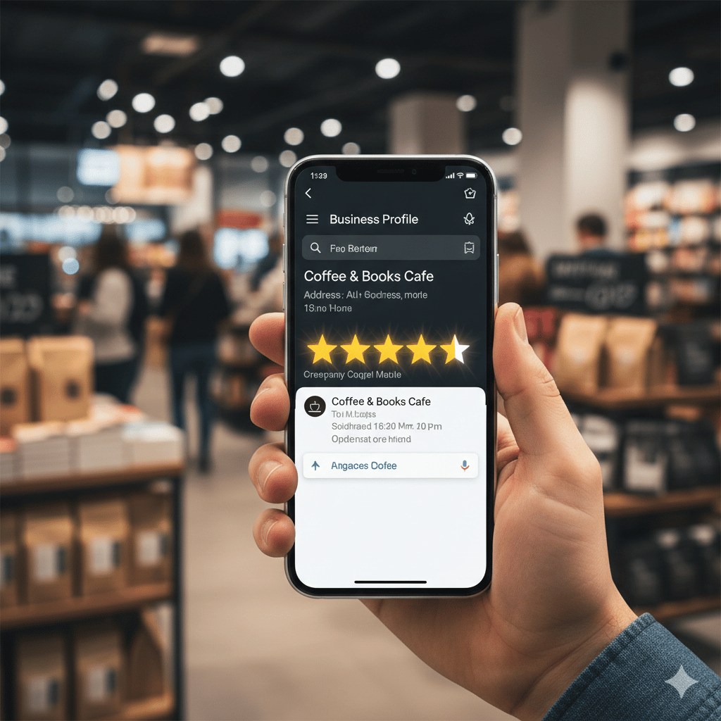 Smartphone exibindo avaliação de cinco estrelas no Google Meu Negócio.