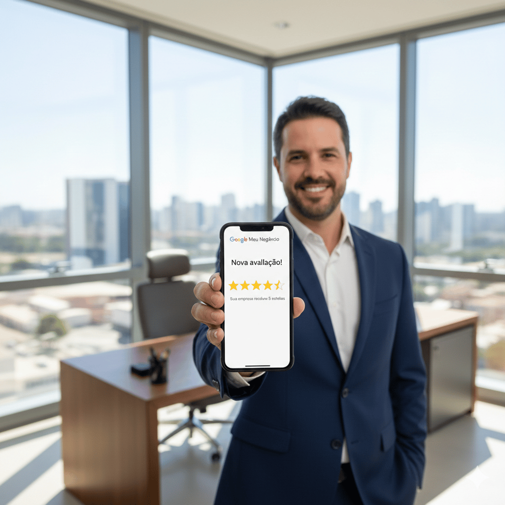 Empresário visualizando avaliação positiva de 5 estrelas no Google Meu Negócio em smartphone.