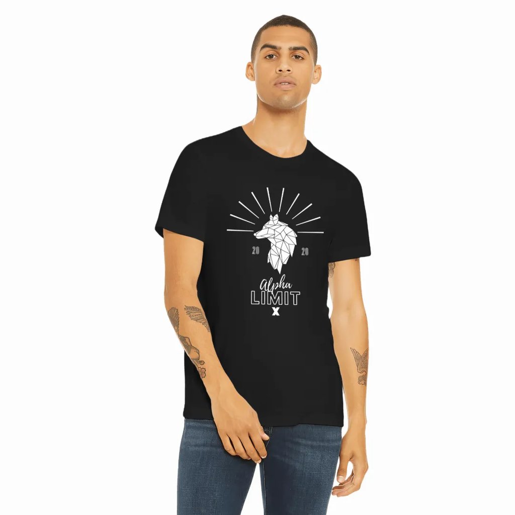 a man wearing a black t - shirt with a white wolf head
