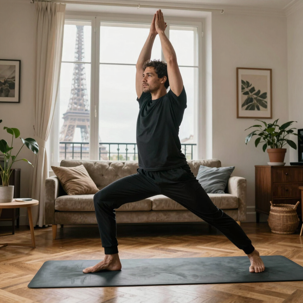 A man practicing yoga in a warrior pose inside a Parisian apartment with Eiffel Tower views.