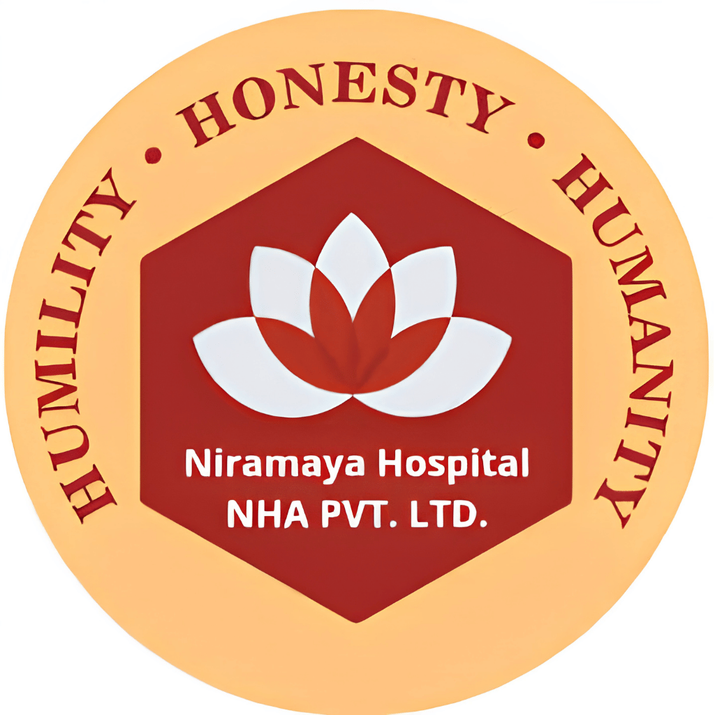 Niramaya Hospital logo featuring a white lotus and the values Humility, Honesty, and Humanity.