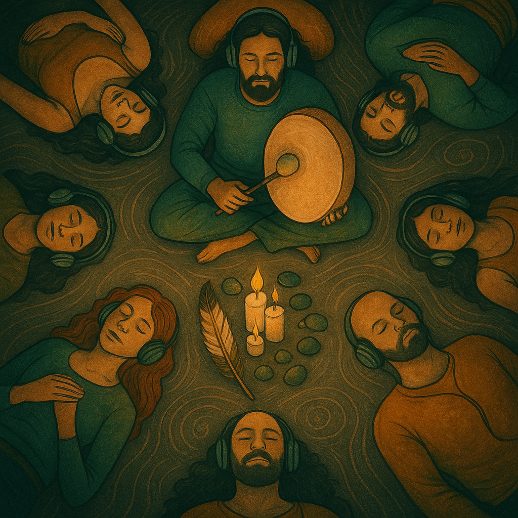 Breathwork session art image with shamanic drumming laying in a circle