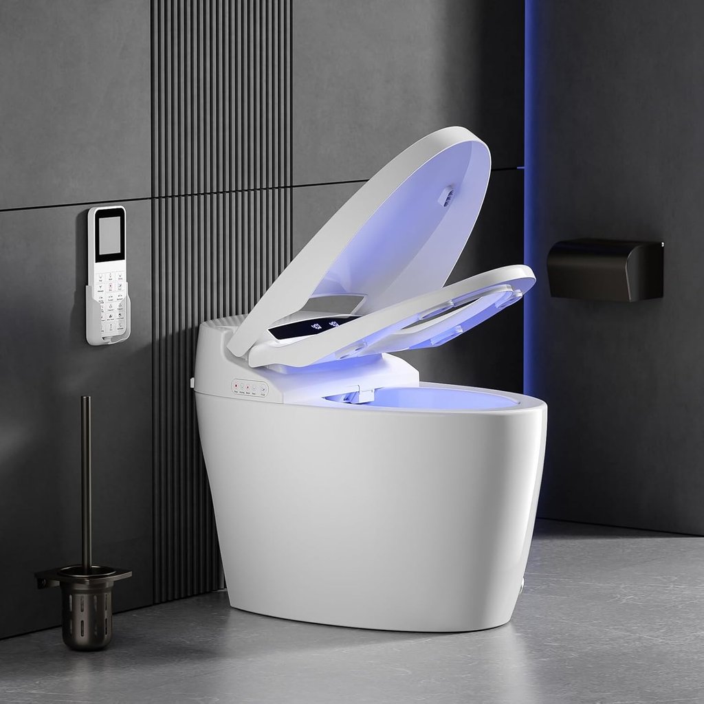 a toilet with a blue light on it
