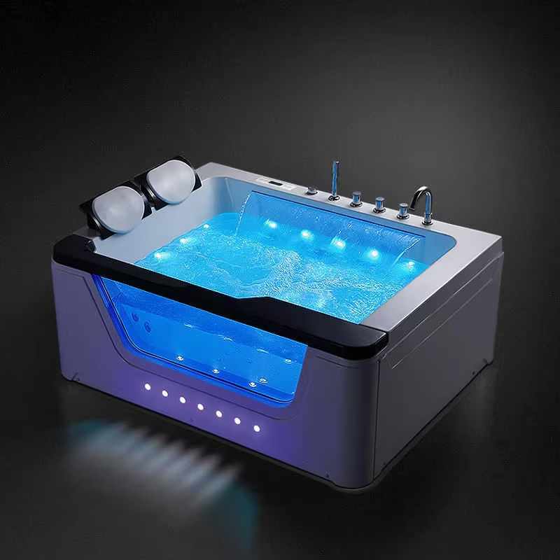 a bathtub with a blue led light and a blue light