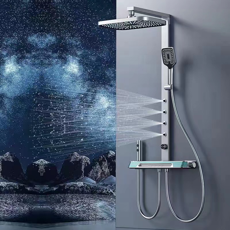 a shower with a shower head and a shower head