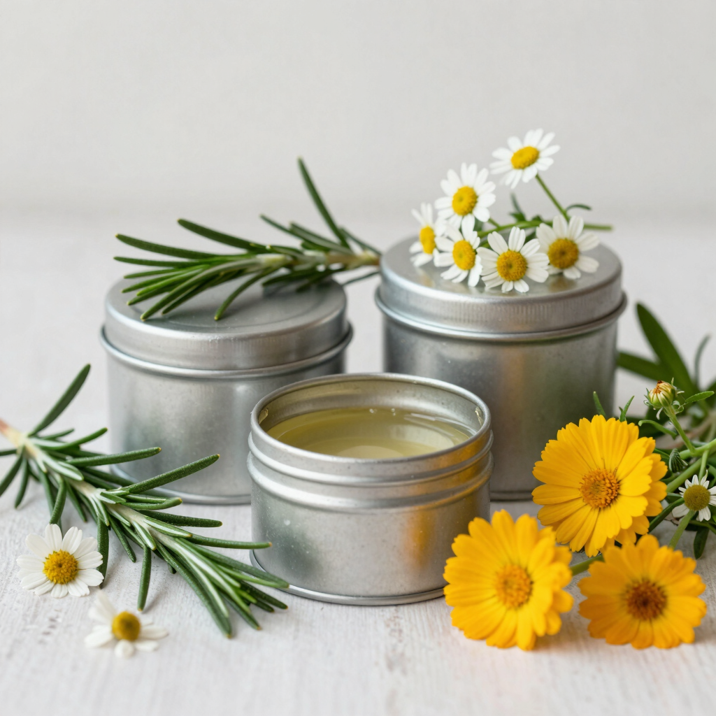 A serene arrangement of balm tins nestled among sprigs of rosemary, chamomile, and calendula flowers.