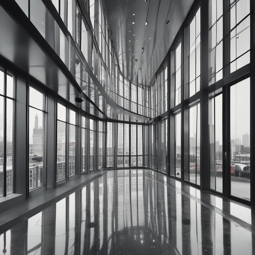 A professional cleaning a large glass window with specialized equipment on a sunny day.