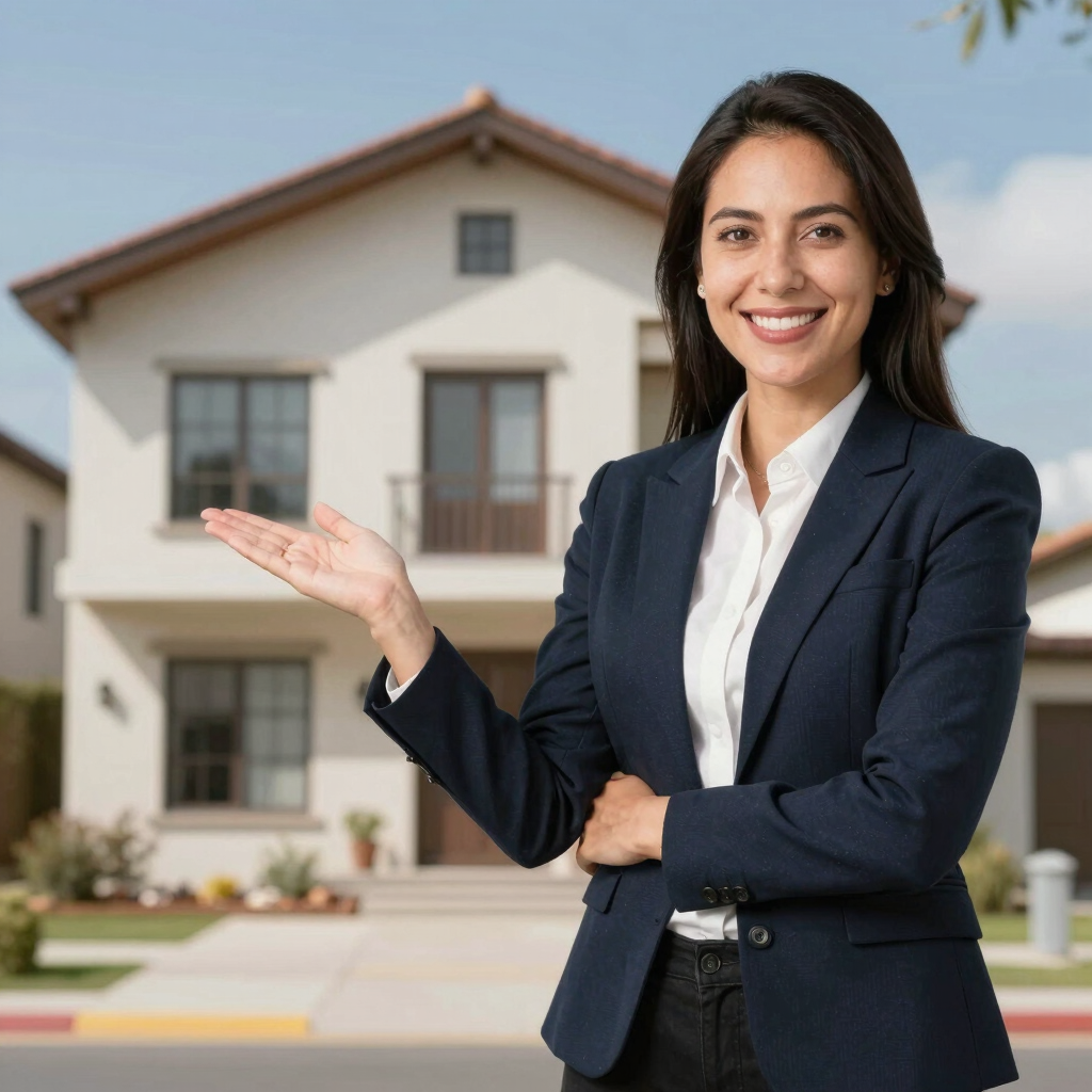 A friendly real estate agent showing a client a property on a tablet.
