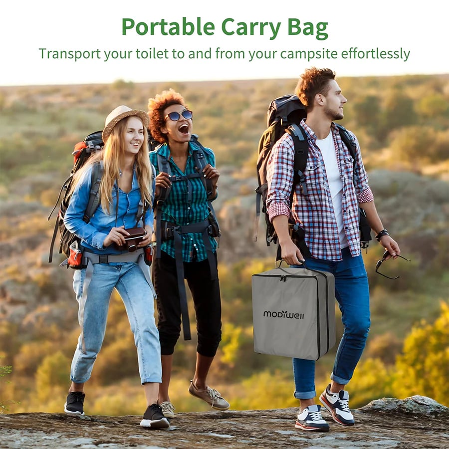 Campers carrying a dry flush toilet in a portable carrying bag.