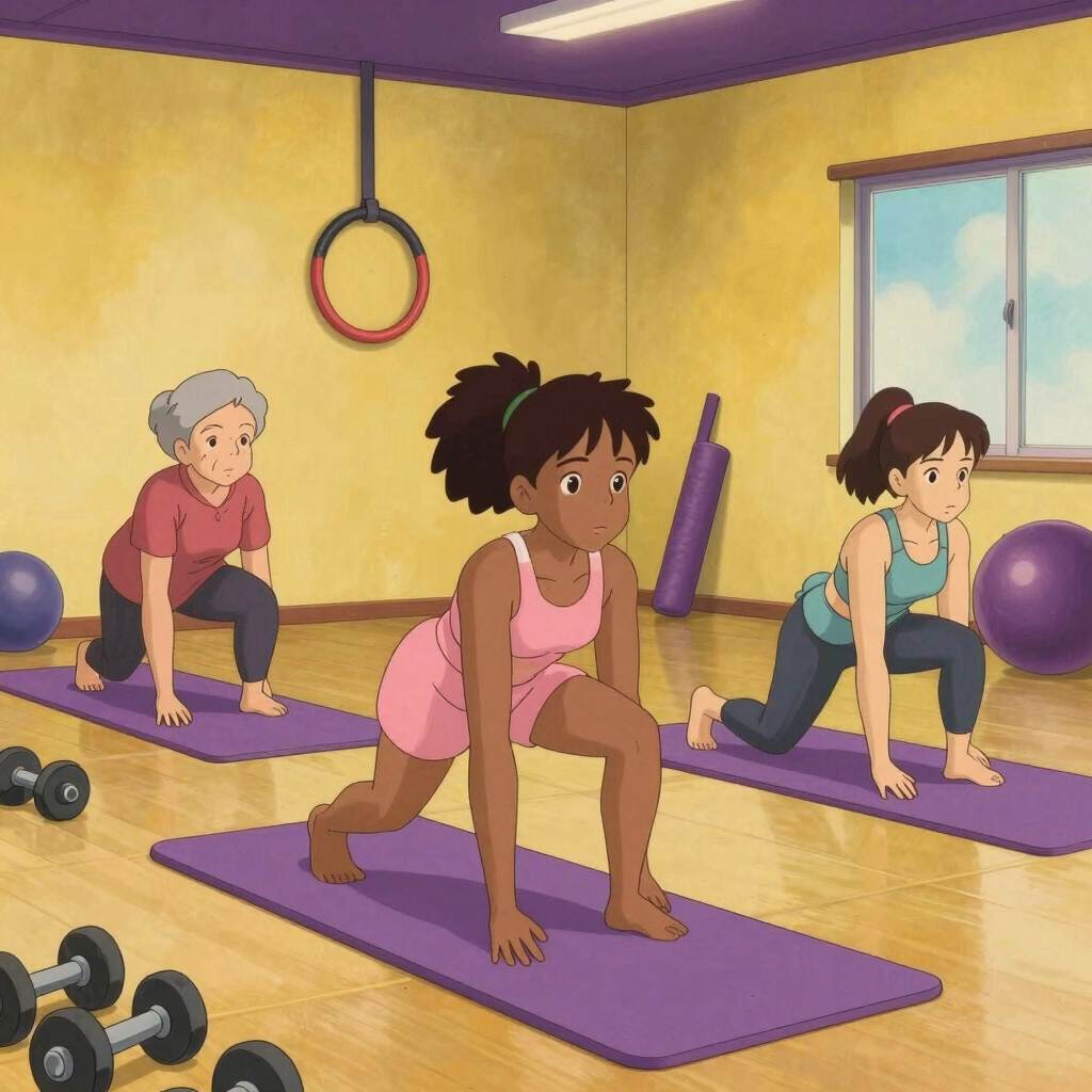 A group of diverse people practicing gentle stretching exercises in a bright, welcoming studio.