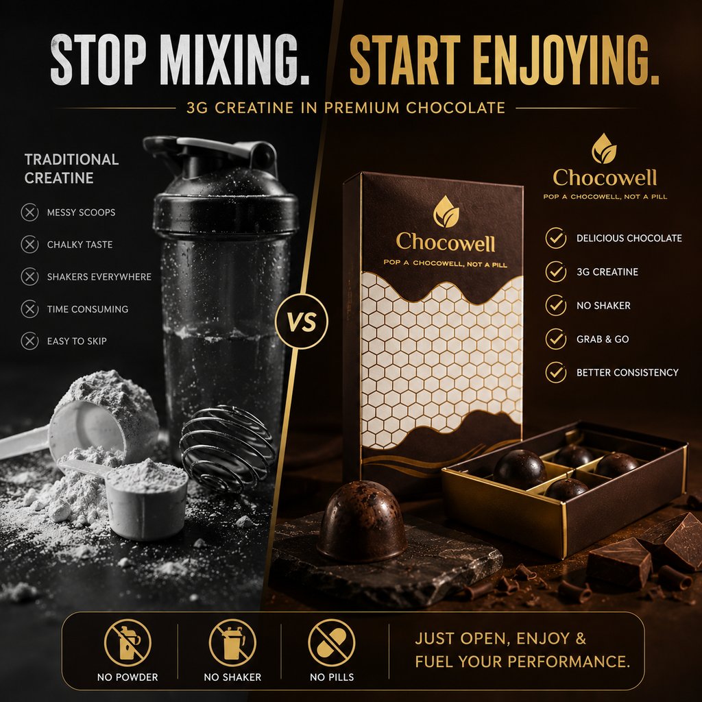 A comparison of messy traditional creatine powder versus Chocowell premium chocolate creatine supplements.