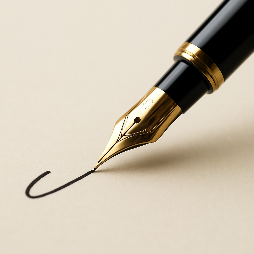 Elegant gold nib fountain pen writing a black ink flourish on cream textured paper.