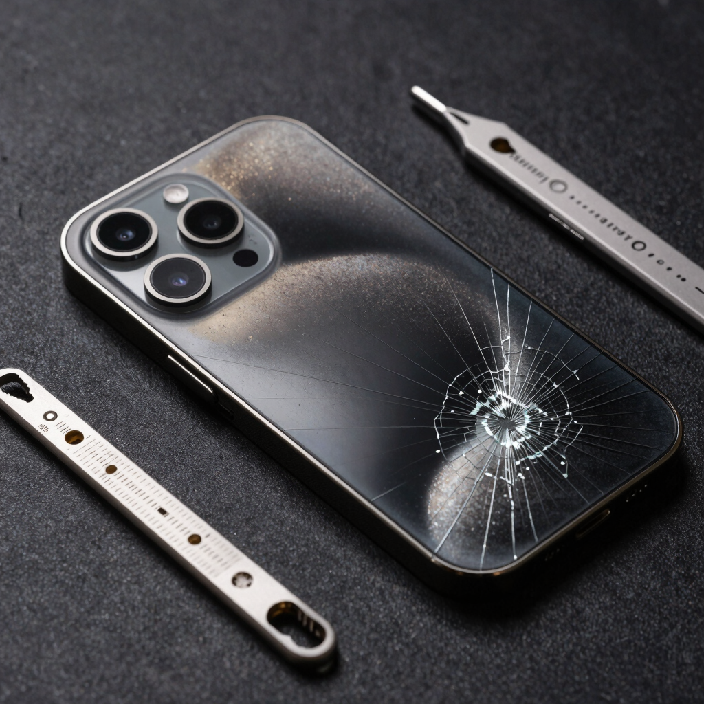 A side-by-side iPhone 15 Pro Max screen replacement comparison of a cracked and repaired display.