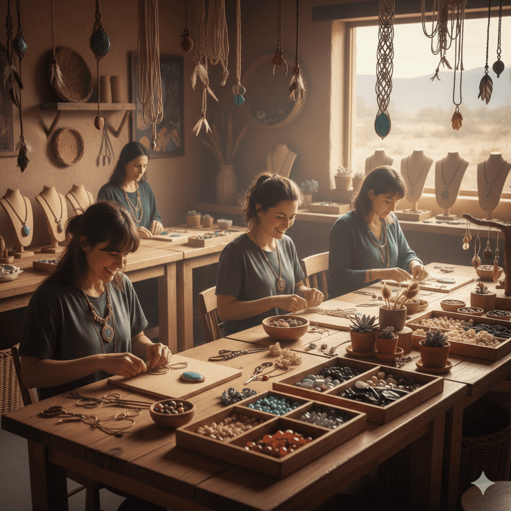 Cuatro mujeres en un taller de macramé.