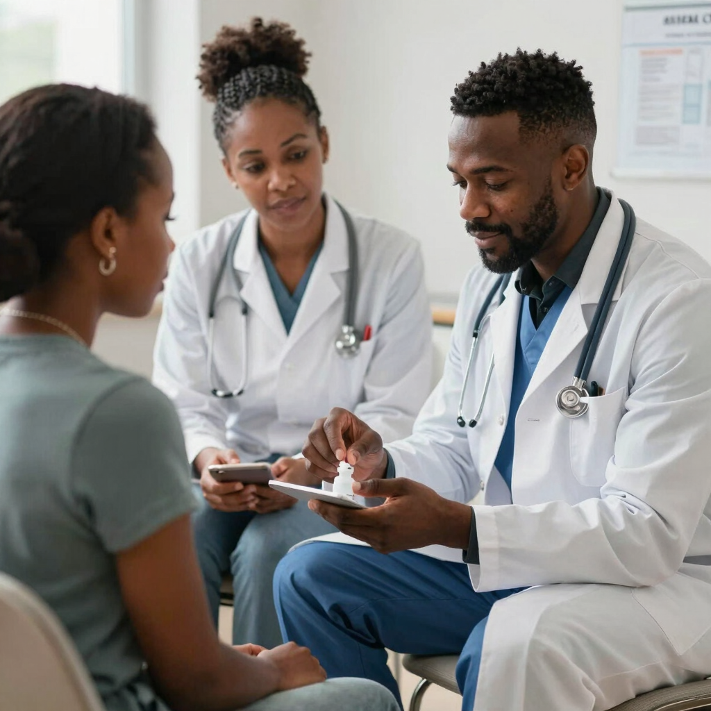 Male doctor demonstrating medication use to a patient during a medical consultation.