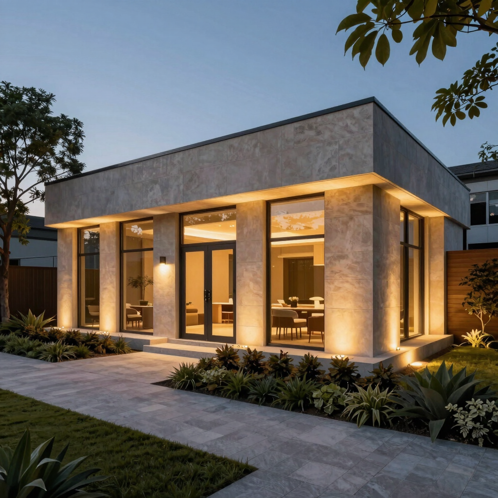 A sleek 3D lighting simulation render showcasing a modern architectural interior with warm gold accents.