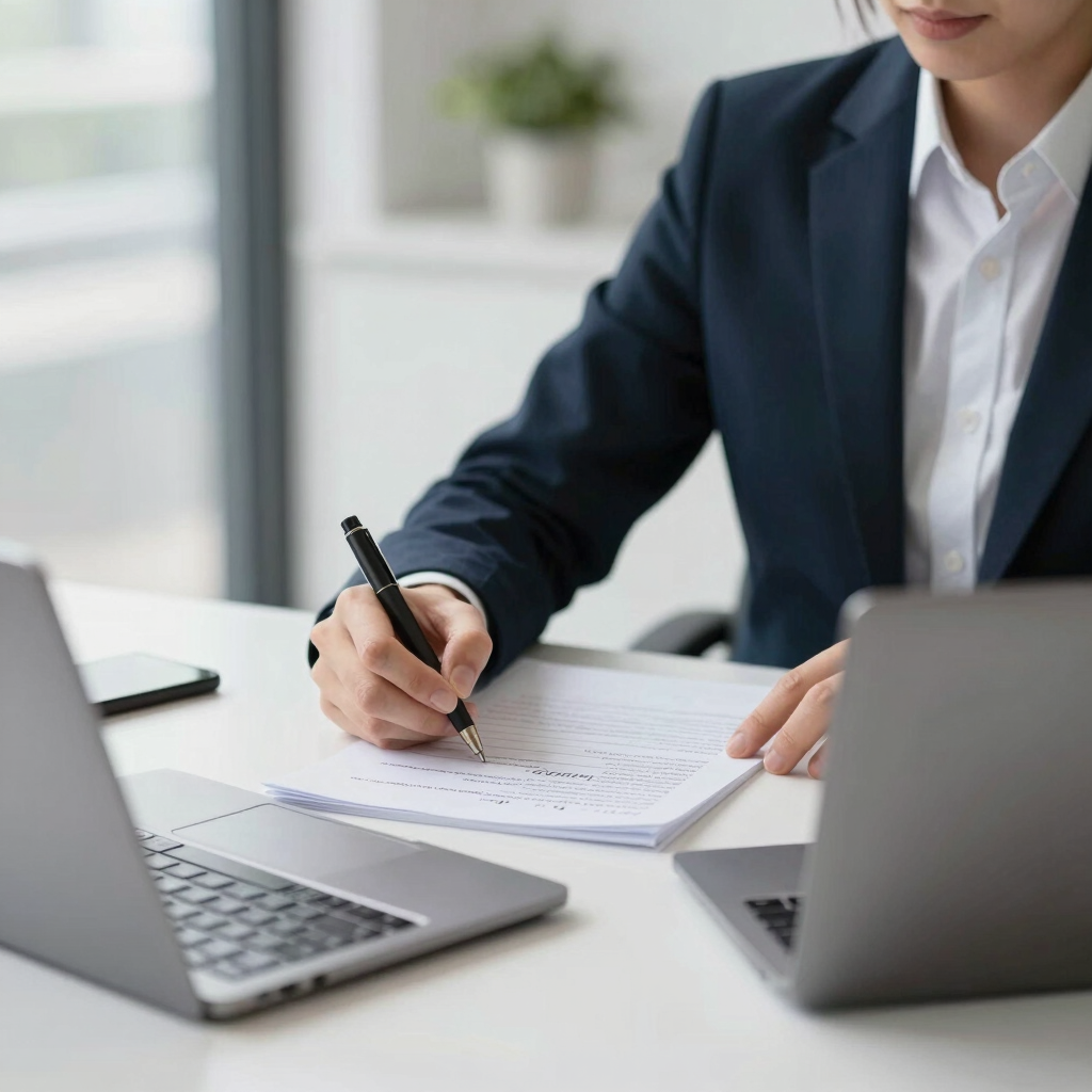 A clean, minimal workspace with a laptop, notebook, and a cup of coffee, bathed in soft natural light.