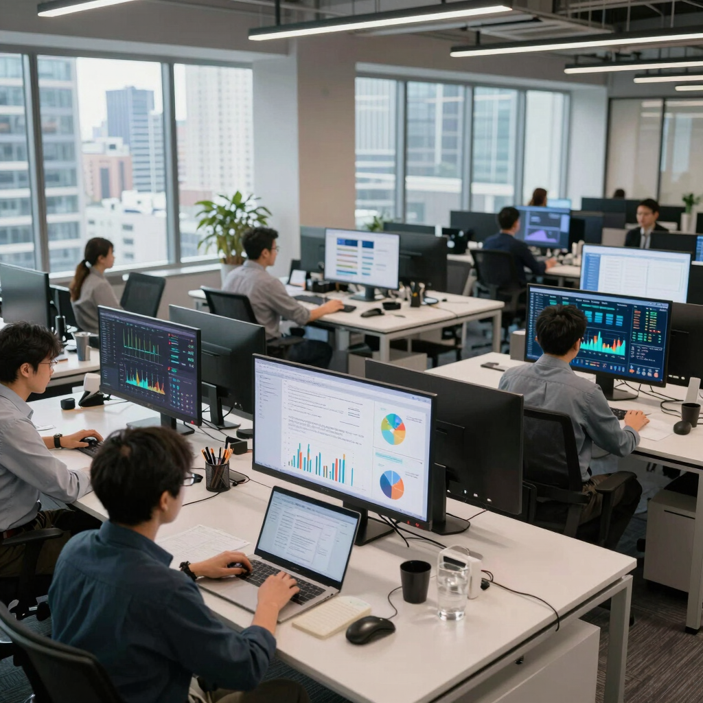 A sleek, minimalistic workspace with a laptop displaying data charts and a notebook beside it.