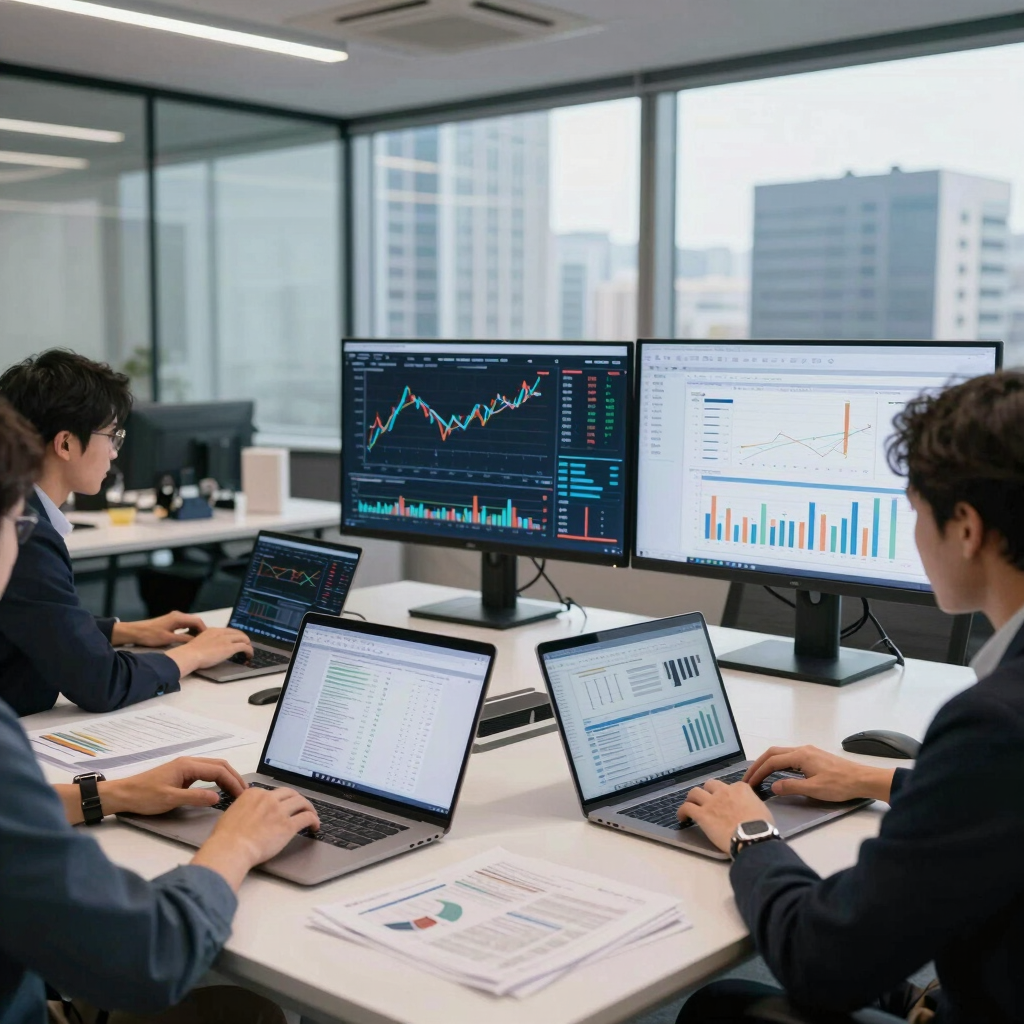 A sleek, minimalistic workspace with a laptop displaying data charts and a notebook beside it.
