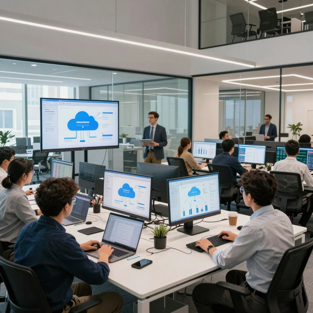 A sleek, minimalistic workspace with a laptop displaying data charts and a notebook beside it.