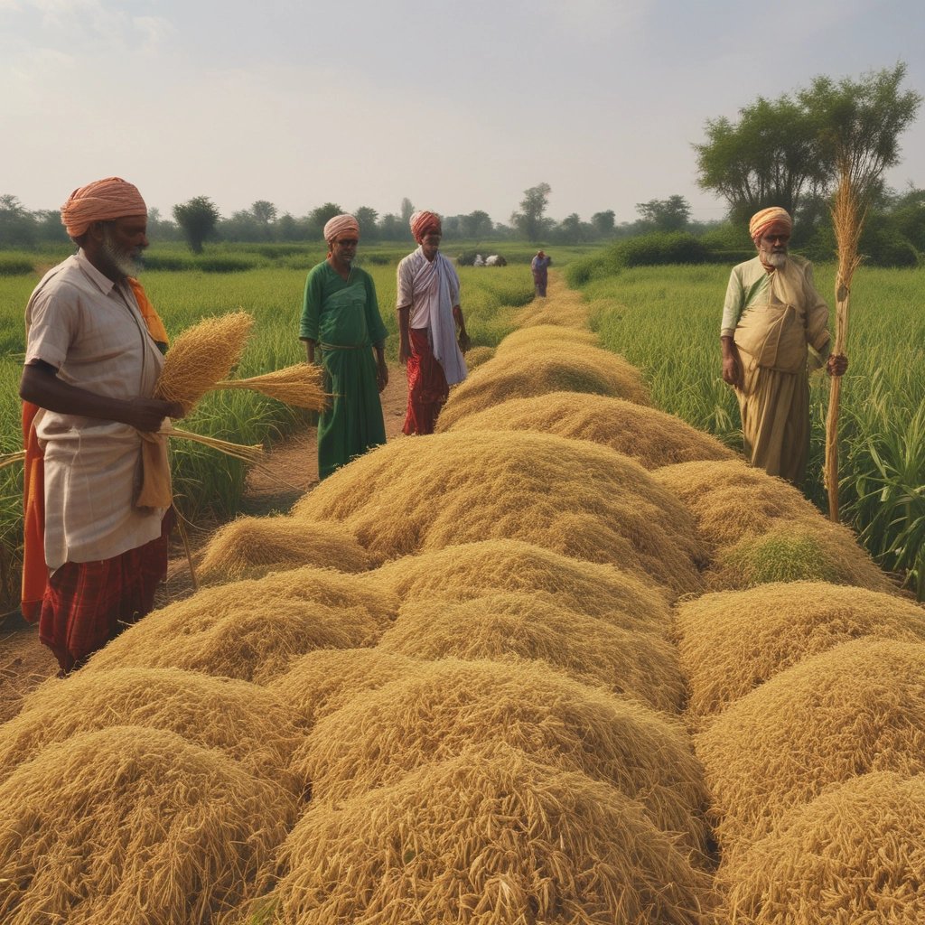 Indian farmers gathering a pile of harvested grain in a rural field during harvest season.