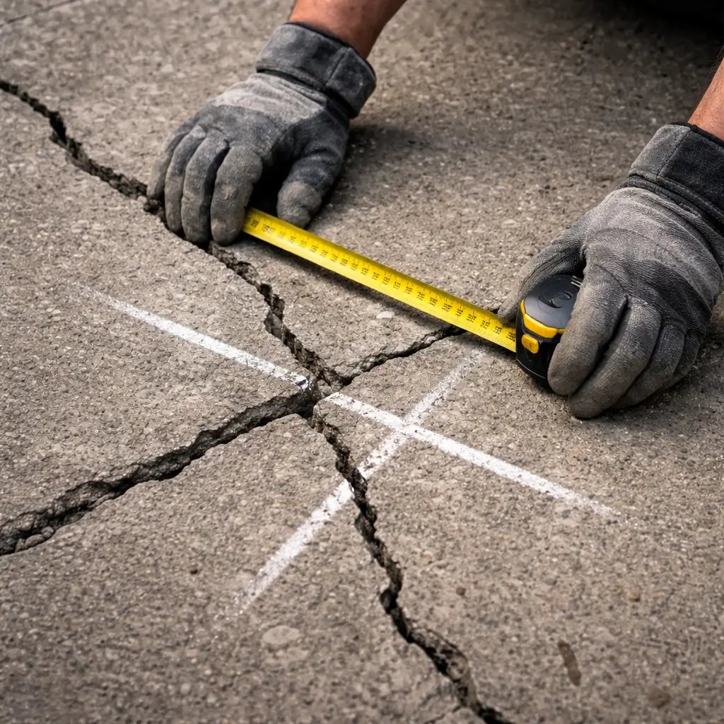 Contractor wearing gloves measuring a crack in a concrete slab with a tape measure and chalk inspection marks.