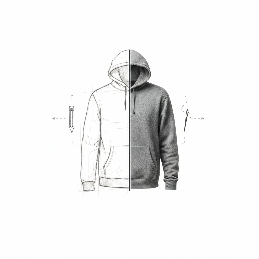 Split-screen image showing a hoodie as a technical sketch and a finished garment.