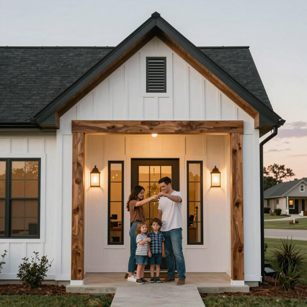 A cozy modern farmhouse with horses grazing in the background under a warm sunset.