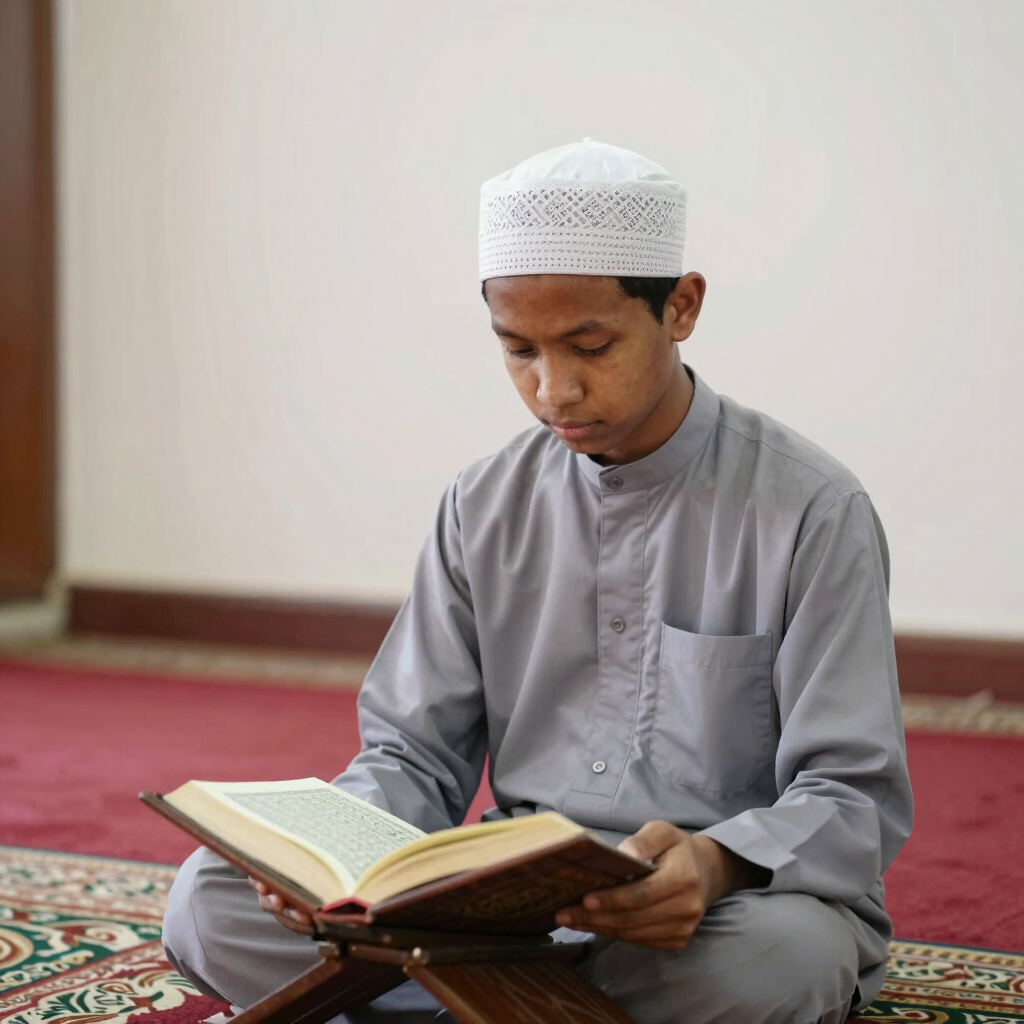 A teacher explaining Islamic teachings to engaged students in a bright classroom.
