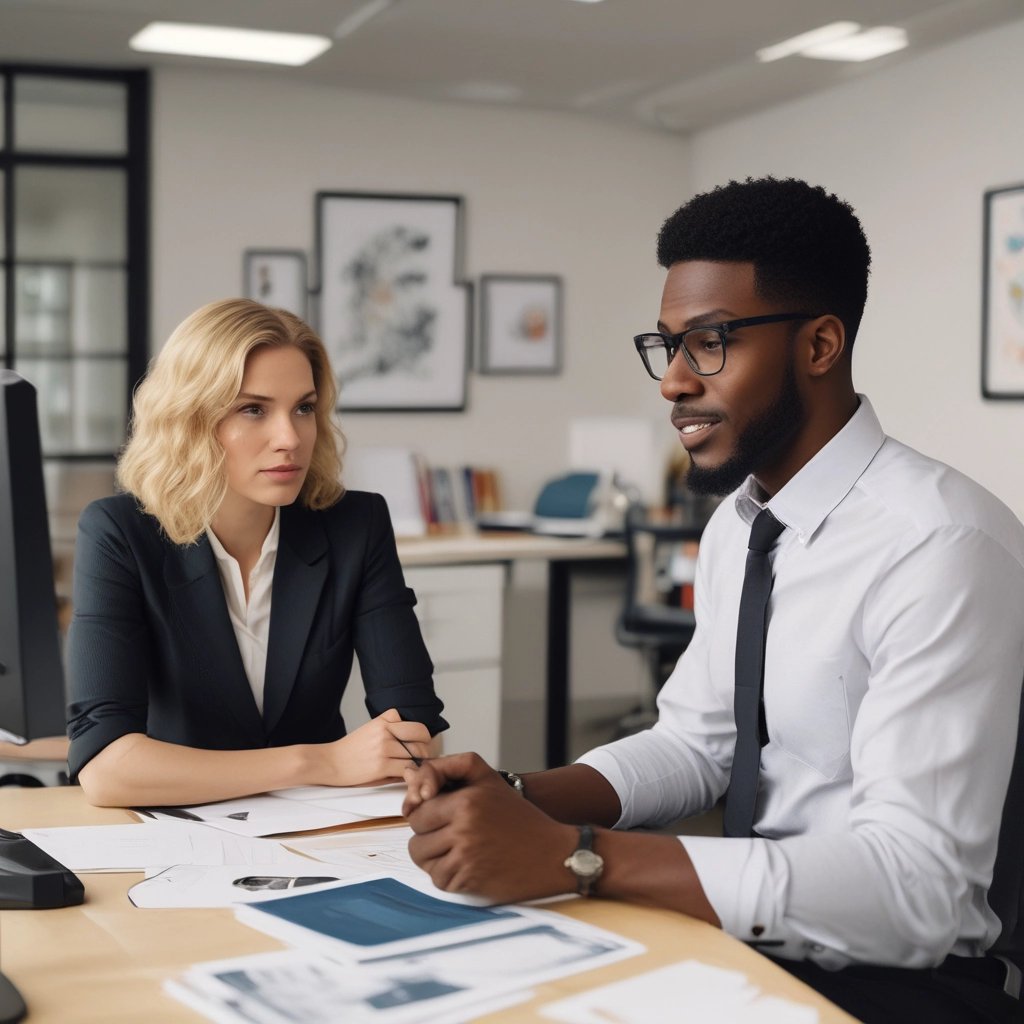 A sleek, modern office space with dark green accents and a black background, reflecting a professional consulting environment.