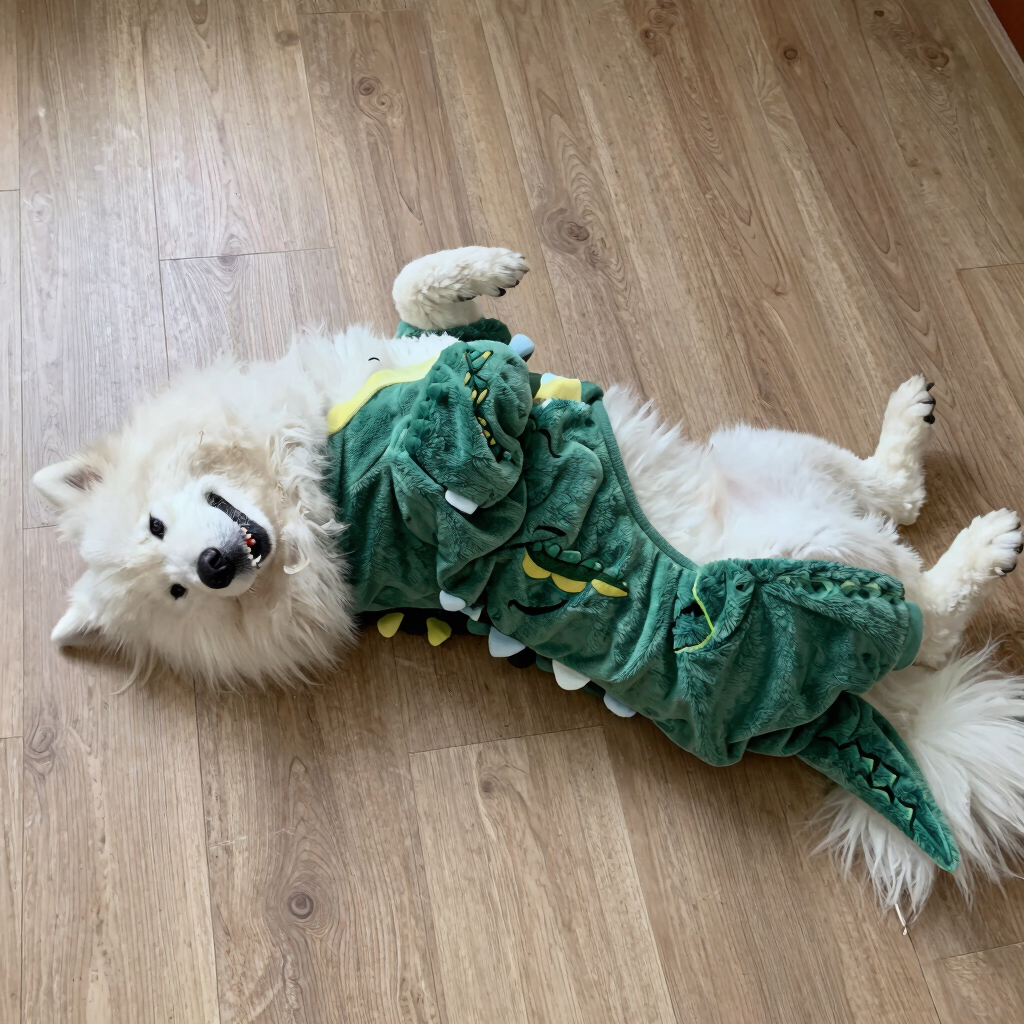 Un perro samoyedo blanco y esponjoso, con un disfraz de dinosaurio verde, tumbado boca arriba