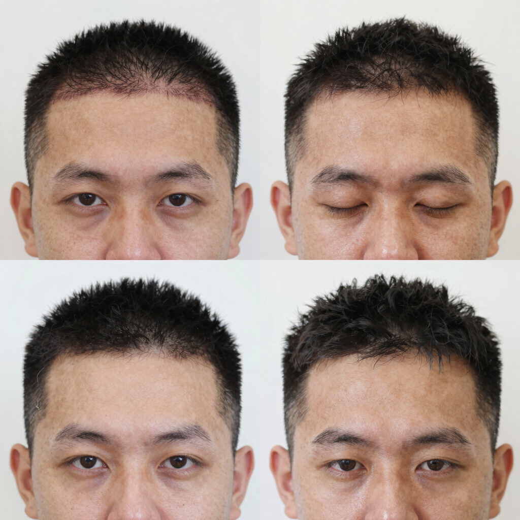 Before and after comparison of a male hair transplant result showing a restored frontal hairline.