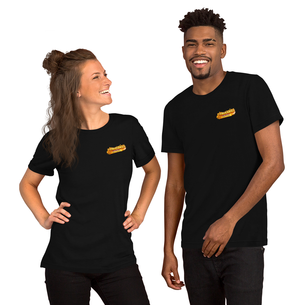 two models wearing citrusami logo printed black t shirts