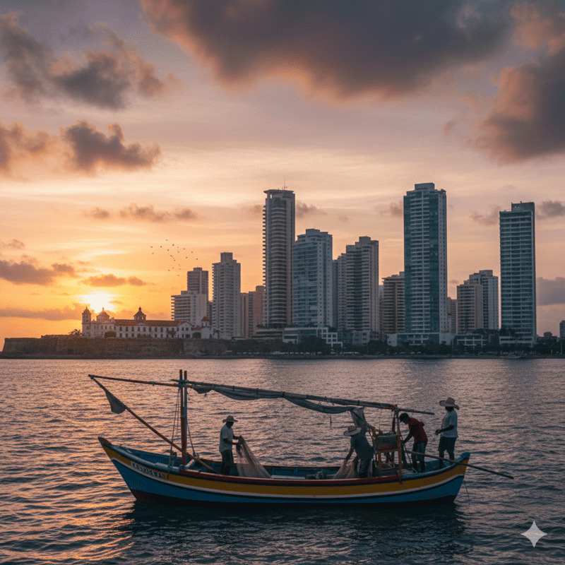Traditionelles Fischerboot in der Bucht von Cartagena bei Sonnenuntergang mit moderner Skyline.
