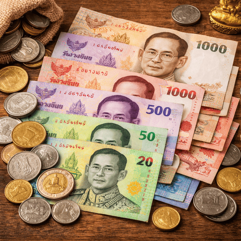 Thailändische Baht-Banknoten und -Münzen auf einem Holztisch ausgebreitet zum Thema Währungsumtausch