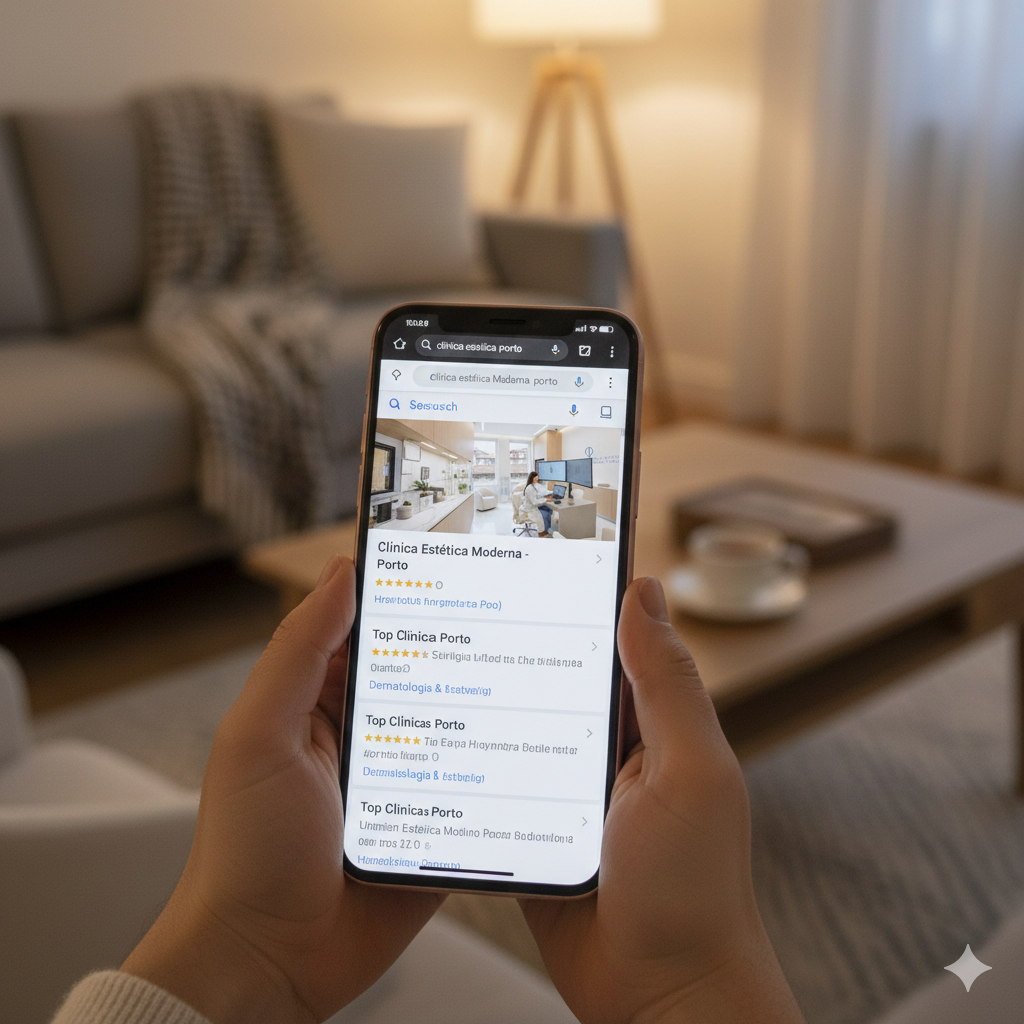 Paciente pesquisando clínica de estética no Porto no Google pelo celular