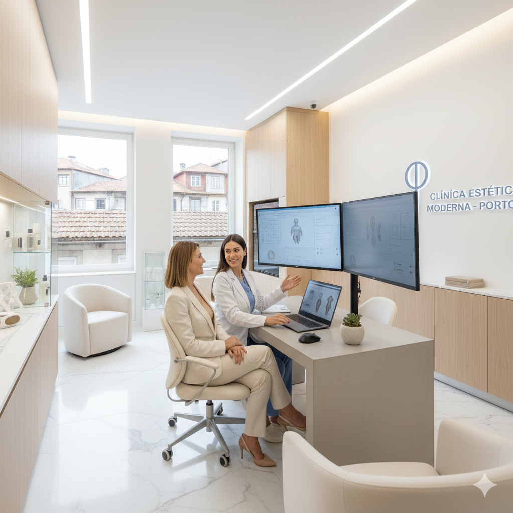 Profissional de estética atendendo paciente em clínica no Porto com foco em SEO local