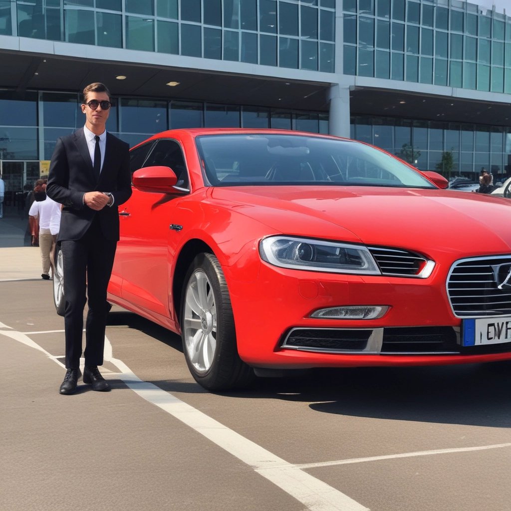 A sleek black car parked outside a London airport terminal with a driver holding a welcome sign.