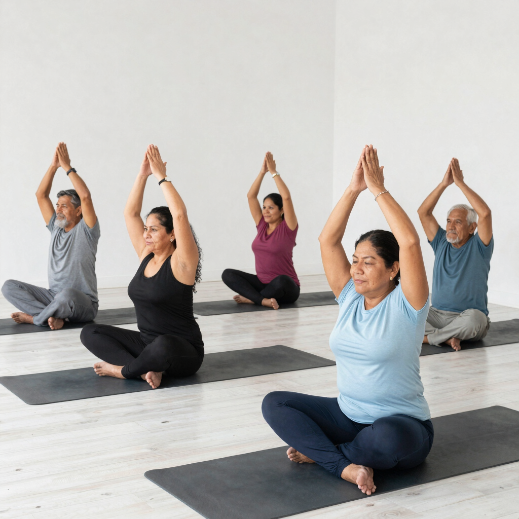A serene yoga class in progress with participants flowing through poses in a bright studio