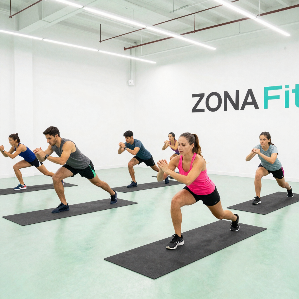 Energetic group doing high-intensity functional training in a bright gym.