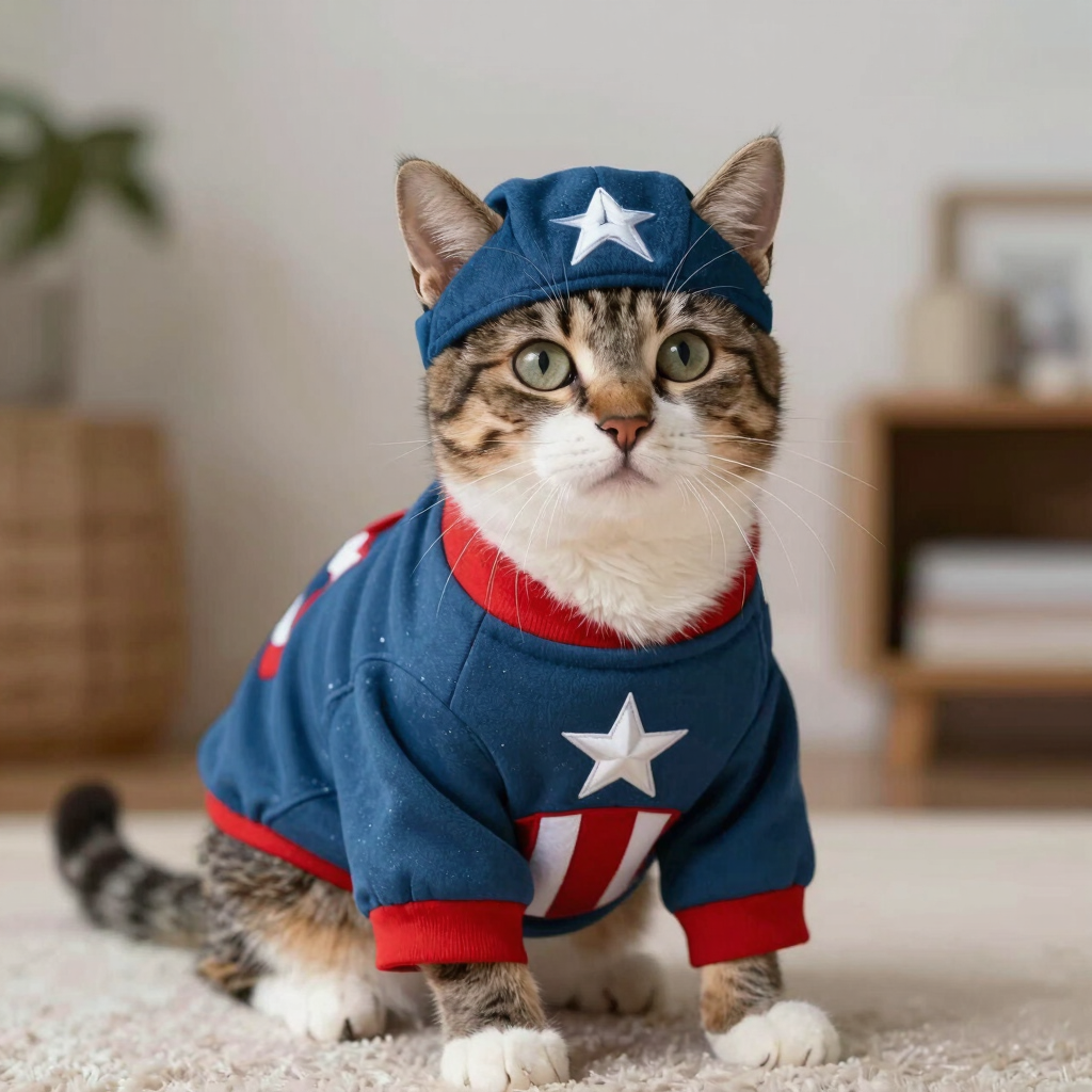 Gato disfrazado de Capitán América